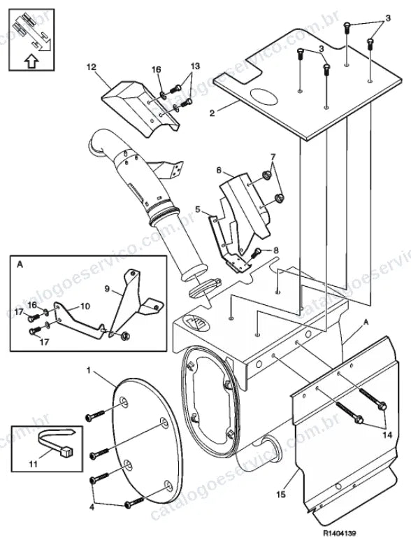 Vista explodida – motor com suporte ou coxim e equipamento – Catálogo de Peças Volvo FE 320