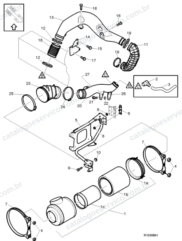 Vista explodida – motor com suporte ou coxim e equipamento – Catálogo de Peças Volvo FE 340