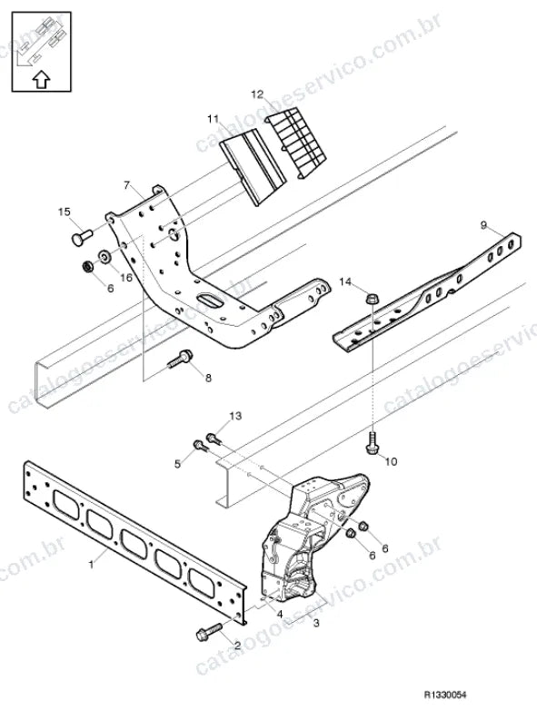 Vista explodida – quadro, molas, amortecedores e rodas – Catálogo de Peças Volvo FE 340