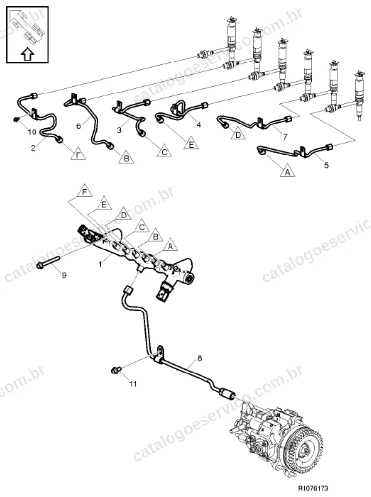Vista explodida – motor com suporte ou coxim e equipamento – Catálogo de Peças Volvo FE3 280