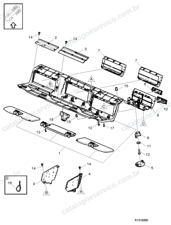 Vista explodida – carroceria, cabina e interior – Catálogo de Peças Volvo FE3 280