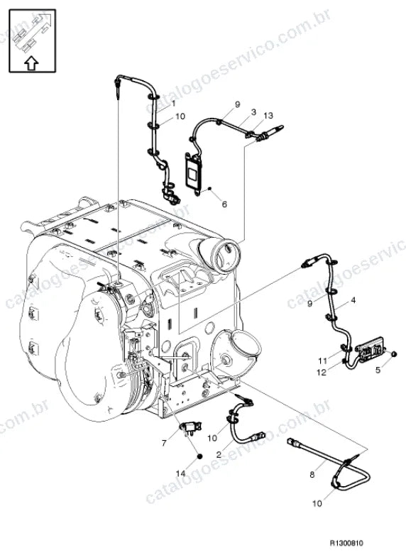 Vista explodida – motor com suporte ou coxim e equipamento – Catálogo de Peças Volvo FE3 320