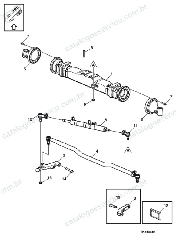 Vista explodida – suspensão das rodas e direção – Catálogo de Peças Volvo FE3 350