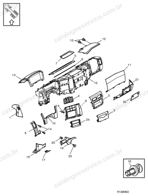 Vista explodida – carroceria, cabina e interior – Catálogo de Peças Volvo FE3 350