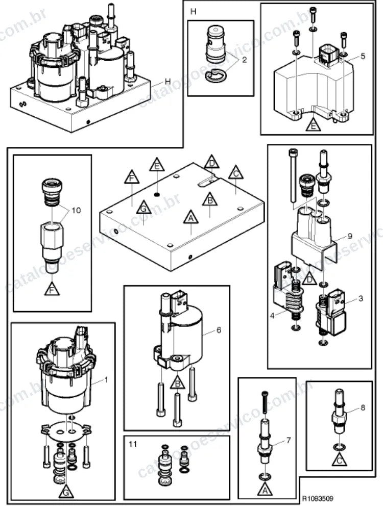 Vista explodida – motor com suporte ou coxim e equipamento – Catálogo de Peças Volvo FE (3)
