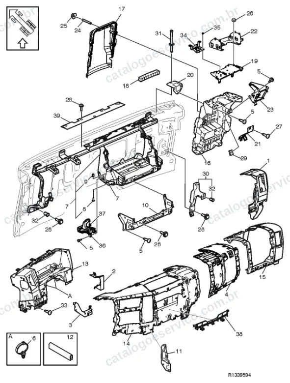 Vista explodida – carroceria, cabina e interior – Catálogo de Peças Volvo FE8 42R (FE3)
