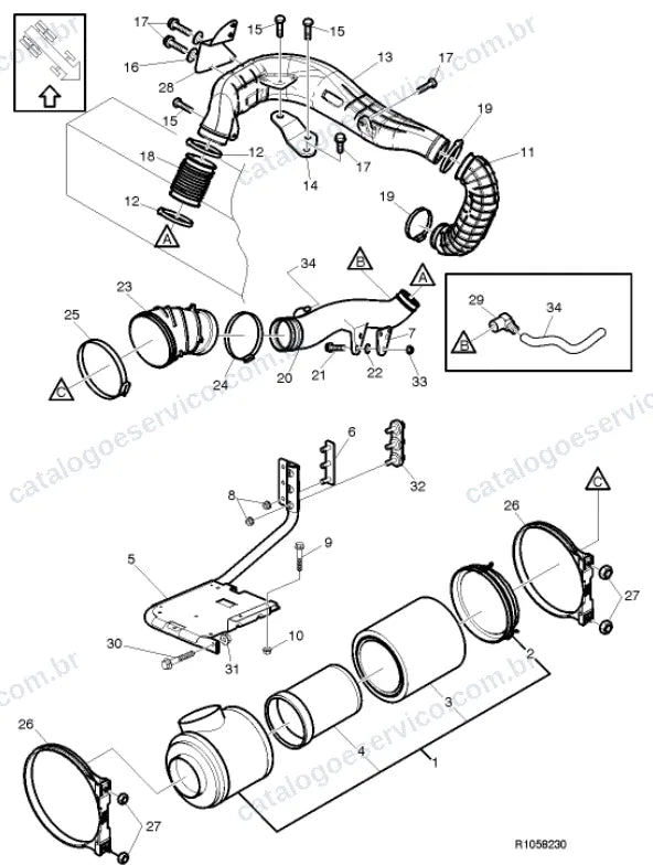 Vista explodida – motor com suporte ou coxim e equipamento – Catálogo de Peças Volvo FE