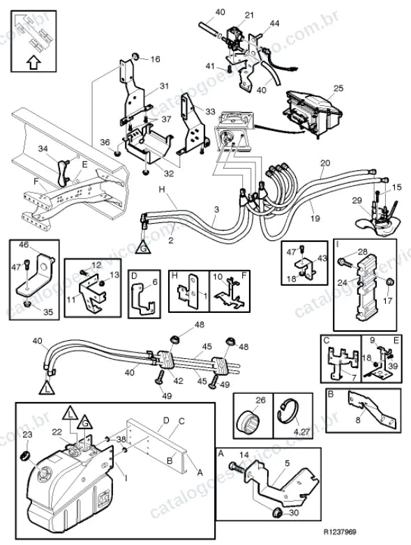 Vista explodida – motor com suporte ou coxim e equipamento – Catálogo de Peças Volvo FEE7 42R