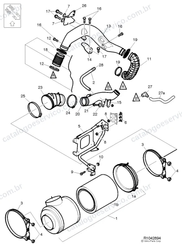 Vista explodida – motor com suporte ou coxim e equipamento – Catálogo de Peças Volvo FES7 62R
