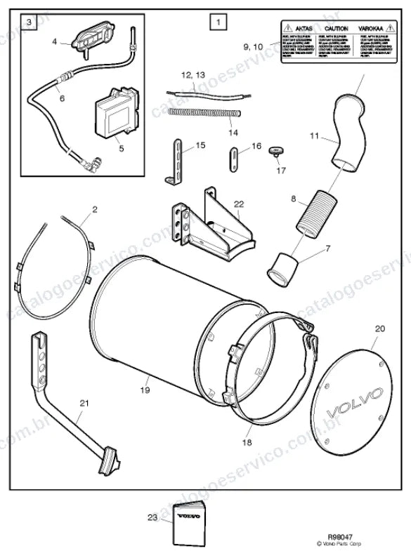 Vista explodida – motor com suporte ou coxim e equipamento – Catálogo de Peças Volvo FH 430