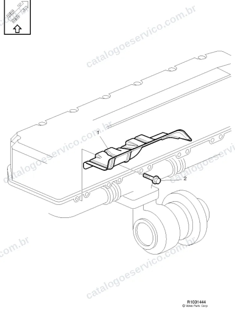 Vista explodida – motor com suporte ou coxim e equipamento – Catálogo de Peças Volvo FH 540