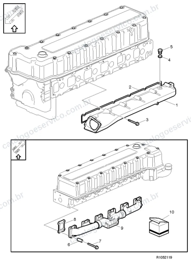 Vista explodida – motor com suporte ou coxim e equipamento – Catálogo de Peças Volvo FH 660