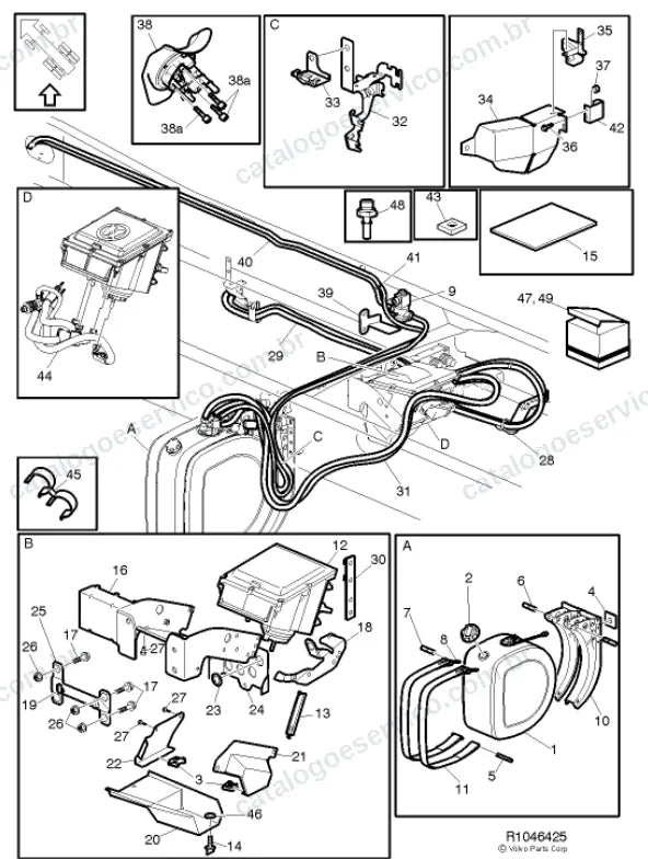 Vista explodida – motor com suporte ou coxim e equipamento – Catálogo de Peças Volvo FH13 62T