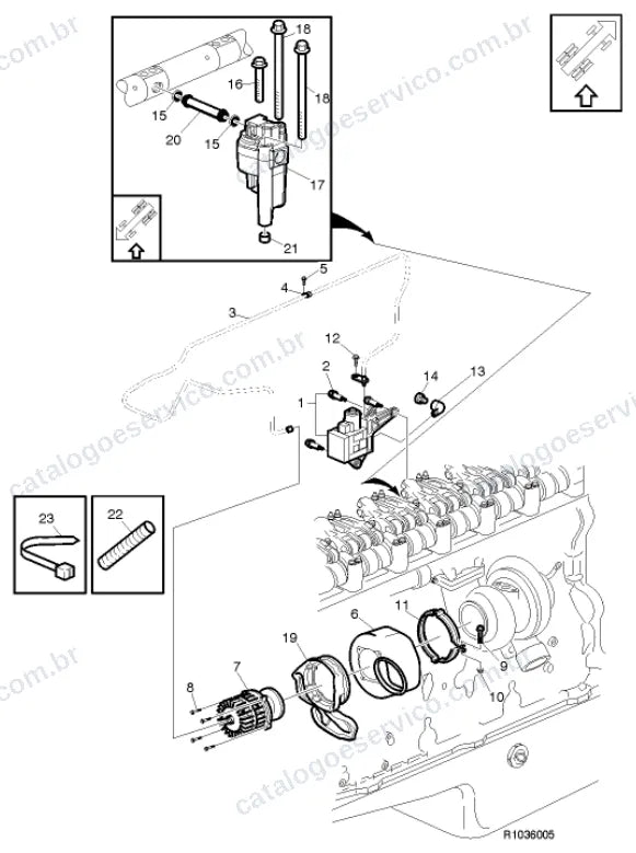 Vista explodida – motor com suporte ou coxim e equipamento – Catálogo de Peças Volvo FH16 64T