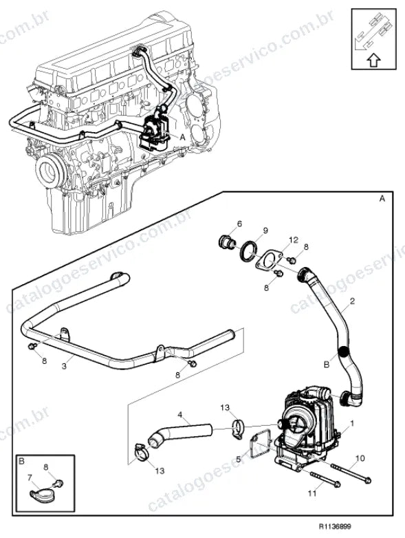 Vista explodida – motor com suporte ou coxim e equipamento – Catálogo de Peças Volvo FH16A64T (FH4)