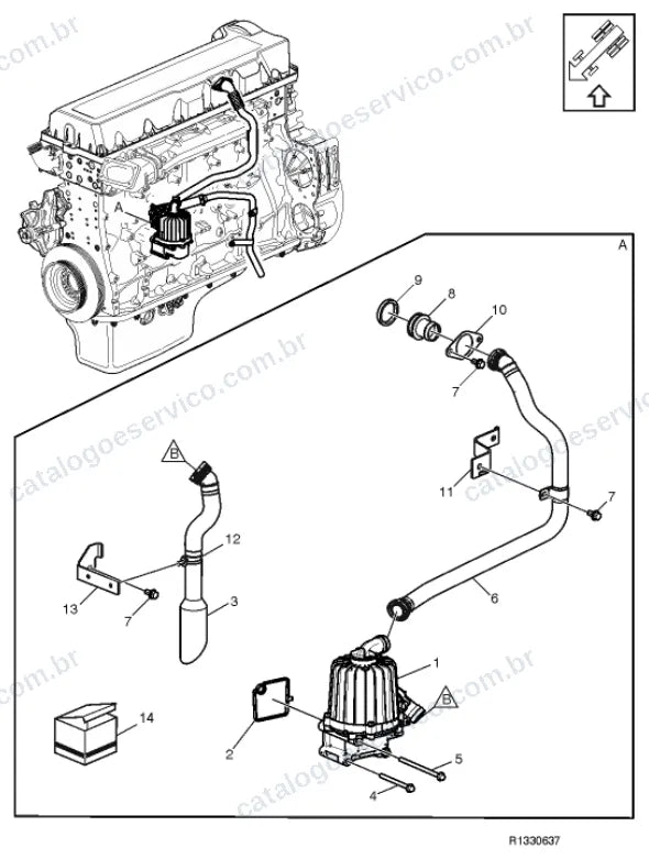 Vista explodida – motor com suporte ou coxim e equipamento – Catálogo de Peças Volvo FH4 400