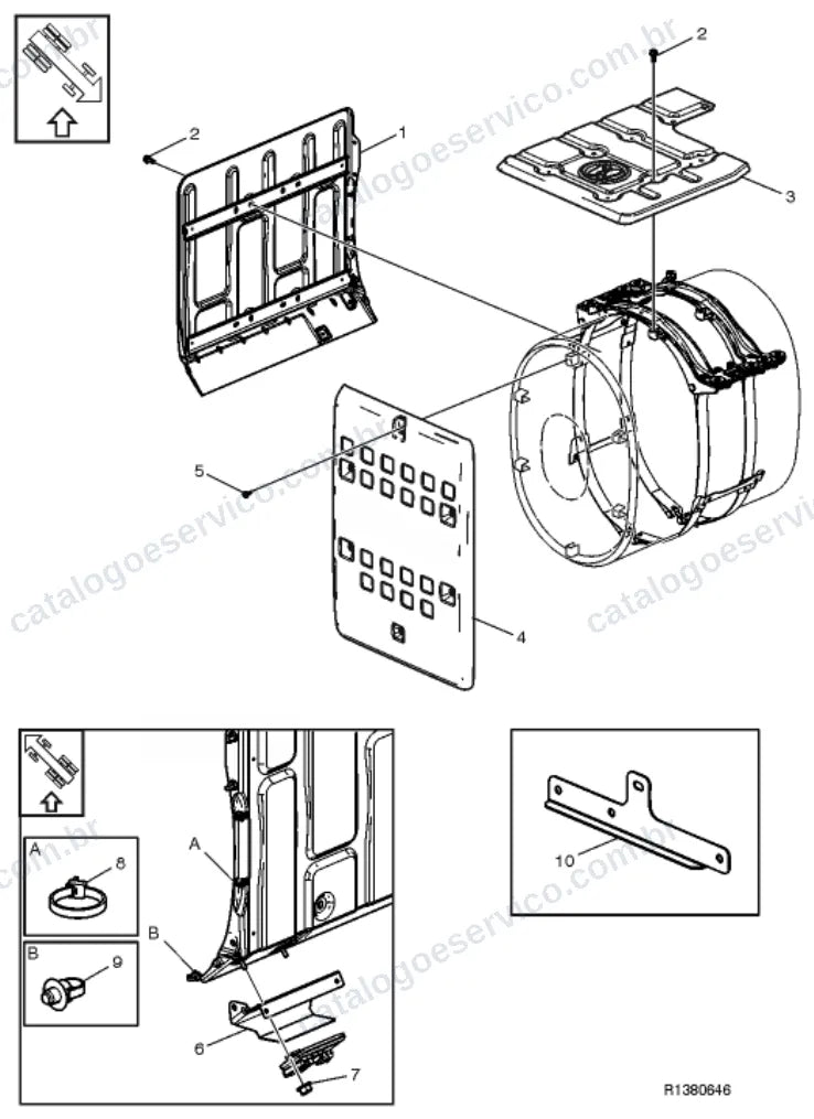 Vista explodida – motor com suporte ou coxim e equipamento – Catálogo de Peças Volvo FH4 500
