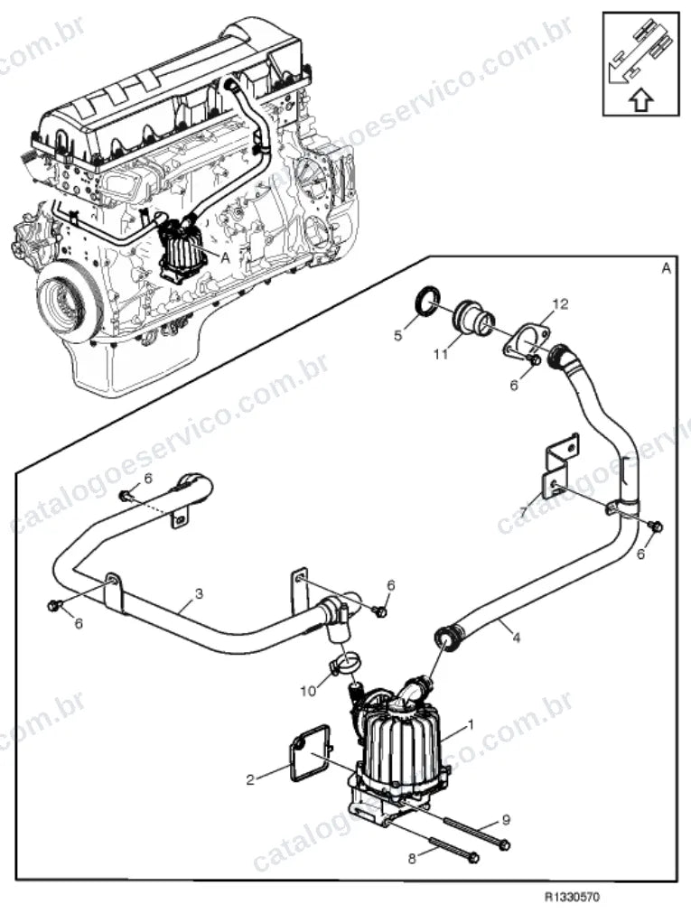 Vista explodida – motor com suporte ou coxim e equipamento – Catálogo de Peças Volvo FH4 520