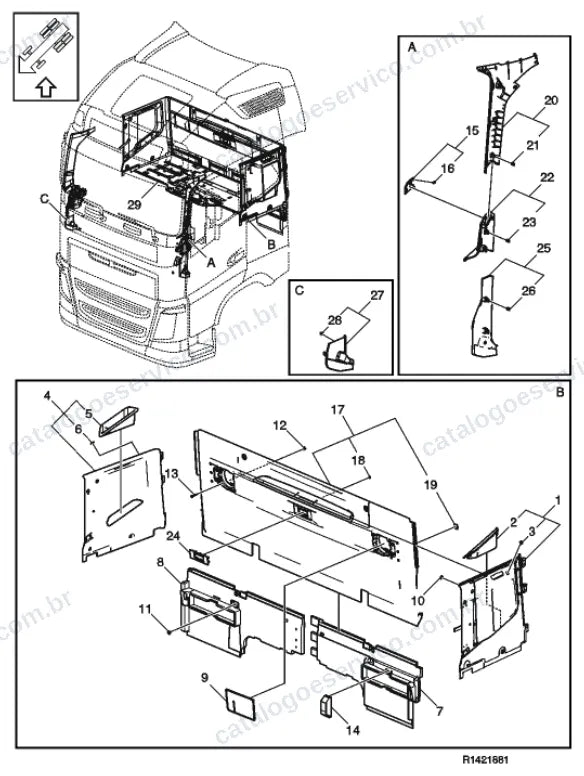 Vista explodida – carroceria, cabina e interior – Catálogo de Peças Volvo FH4 520