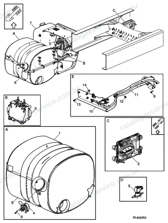 Vista explodida – motor com suporte ou coxim e equipamento – Catálogo de Peças Volvo FH4 600