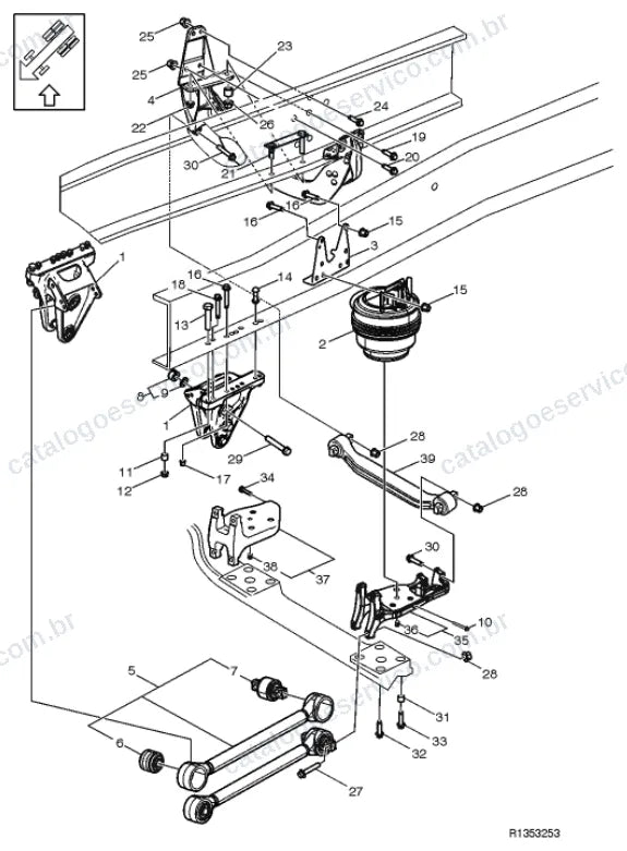 Vista explodida – quadro, molas, amortecedores e rodas – Catálogo de Peças Volvo FHL3A62R (FH4)