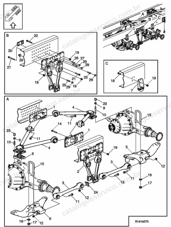 Vista explodida – suspensão das rodas e direção – Catálogo de Peças Volvo FHL3B64R (FH4)