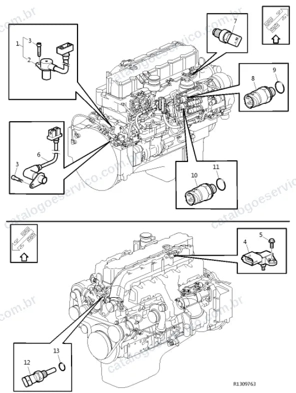 Vista explodida – motor com suporte ou coxim e equipamento – Catálogo de Peças Volvo FL 240