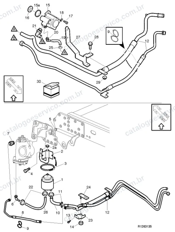 Vista explodida – suspensão das rodas e direção – Catálogo de Peças Volvo FL 280