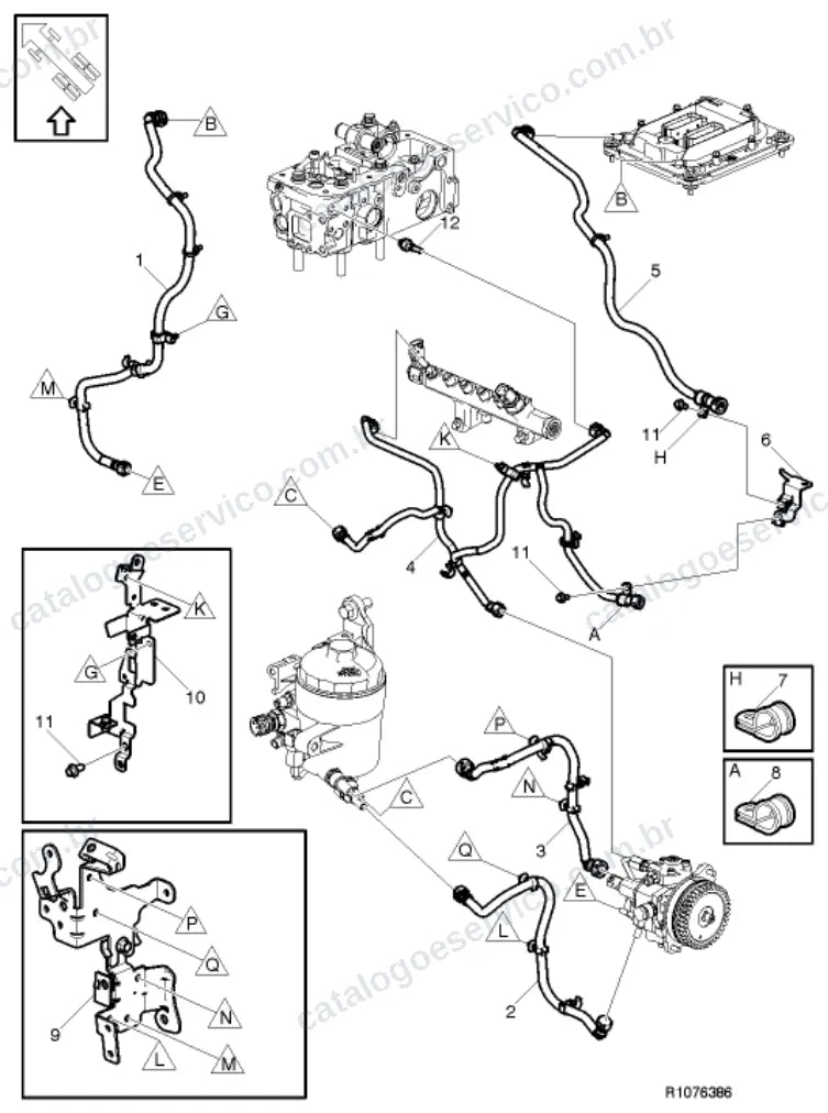 Vista explodida – motor com suporte ou coxim e equipamento – Catálogo de Peças Volvo FL3 210