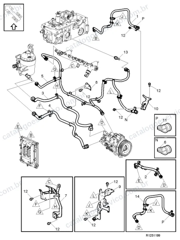 Vista explodida – motor com suporte ou coxim e equipamento – Catálogo de Peças Volvo FL3 280
