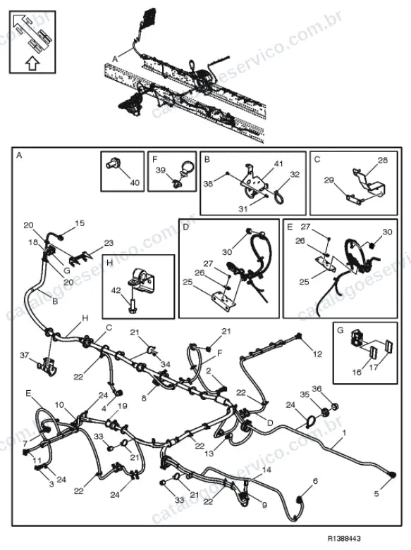 Vista explodida – sistema elétrico, iluminação e instrumentos – Catálogo de Peças Volvo FLE 42R (FLE3)