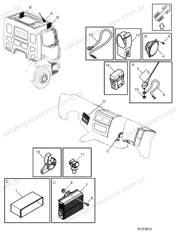 Vista explodida – sistema elétrico, iluminação e instrumentos – Catálogo de Peças Volvo FLH7 42D
