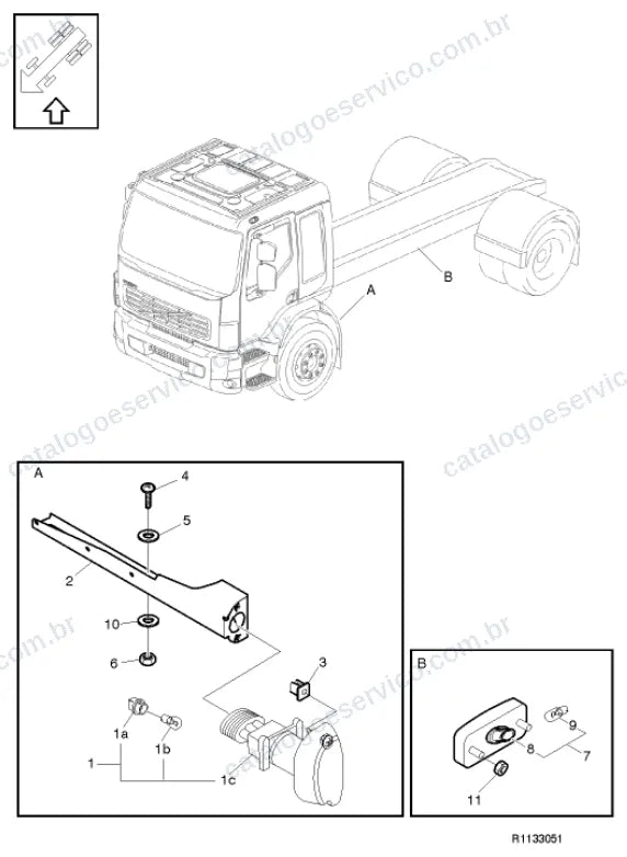 Vista explodida – sistema elétrico, iluminação e instrumentos – Catálogo de Peças Volvo FLL7 42D