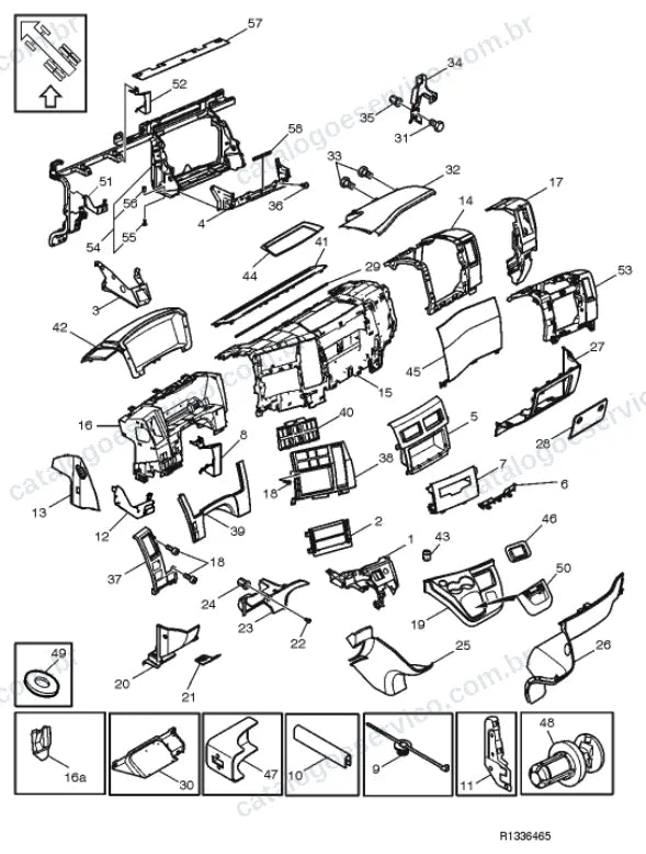Vista explodida – carroceria, cabina e interior – Catálogo de Peças Volvo FLL7 42D