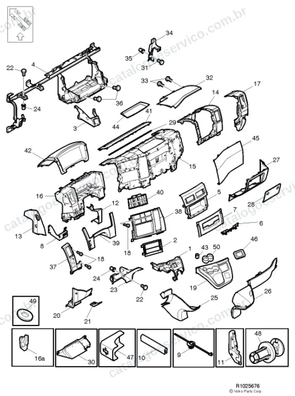 Vista explodida – carroceria, cabina e interior – Catálogo de Peças Volvo FLL7 42R