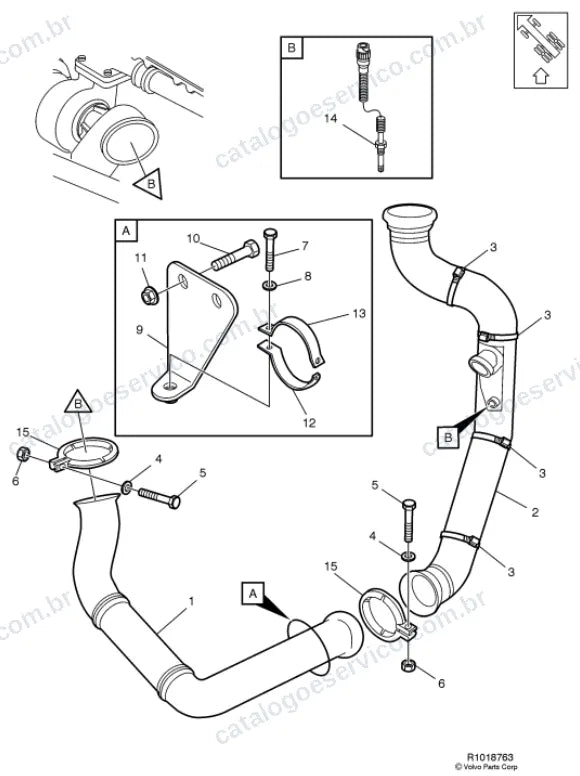 Vista explodida – motor com suporte ou coxim e equipamento – Catálogo de Peças Volvo FLL7 42S