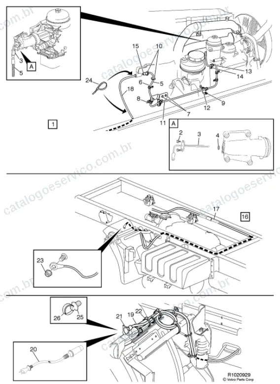 Vista explodida – carroceria, cabina e interior – Catálogo de Peças Volvo FLL7 42S