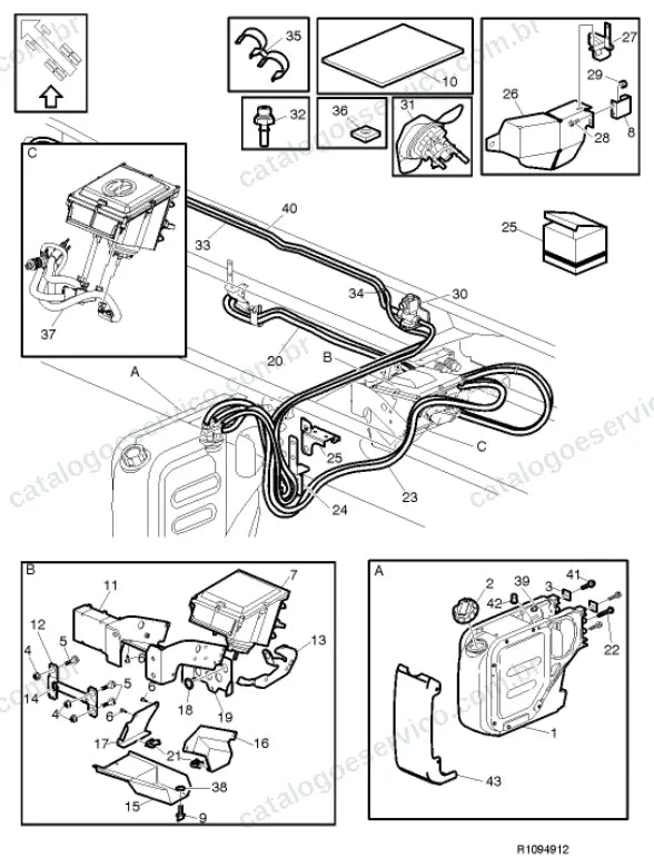 Vista explodida – motor com suporte ou coxim e equipamento – Catálogo de Peças Volvo FM 300
