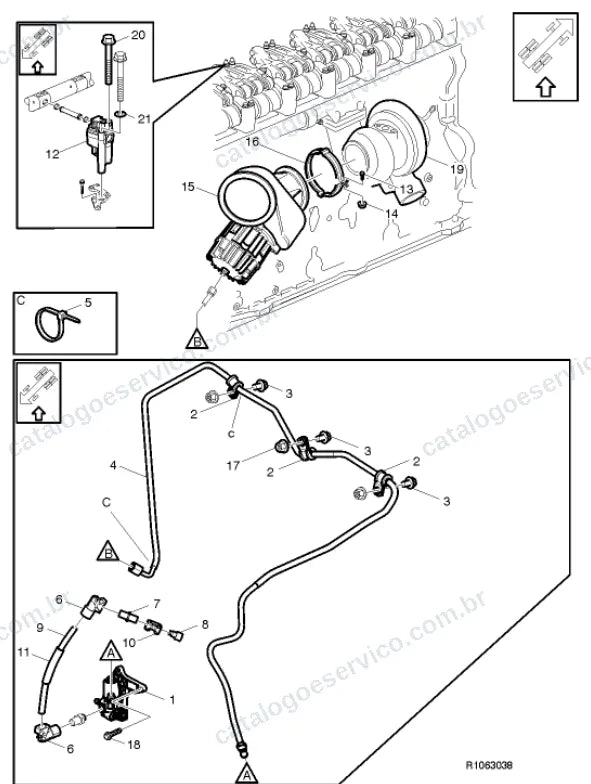 Vista explodida – motor com suporte ou coxim e equipamento – Catálogo de Peças Volvo FM 370