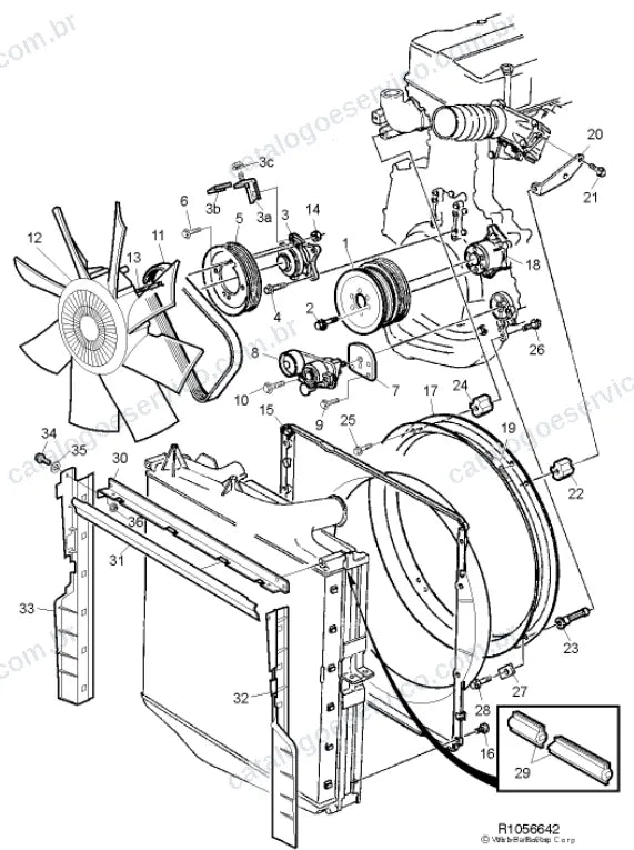Vista explodida – motor com suporte ou coxim e equipamento – Catálogo de Peças Volvo FM 425