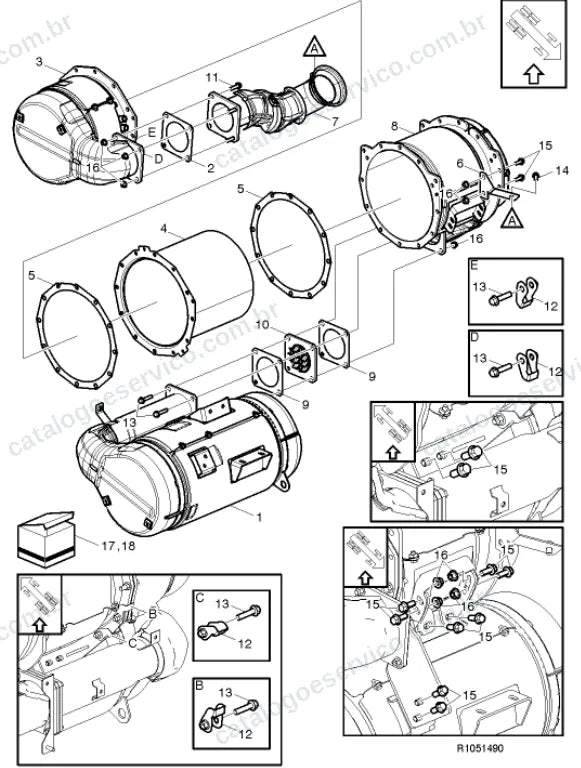 Vista explodida – motor com suporte ou coxim e equipamento – Catálogo de Peças Volvo FM 800
