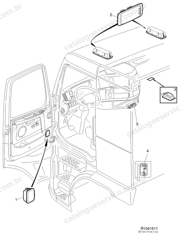 Vista explodida – sistema elétrico, iluminação e instrumentos – Catálogo de Peças Volvo FM11 42R