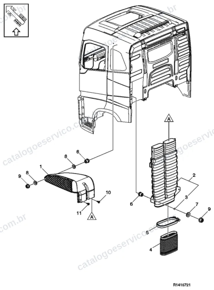 Vista explodida – motor com suporte ou coxim e equipamento – Catálogo de Peças Volvo FM11 64T