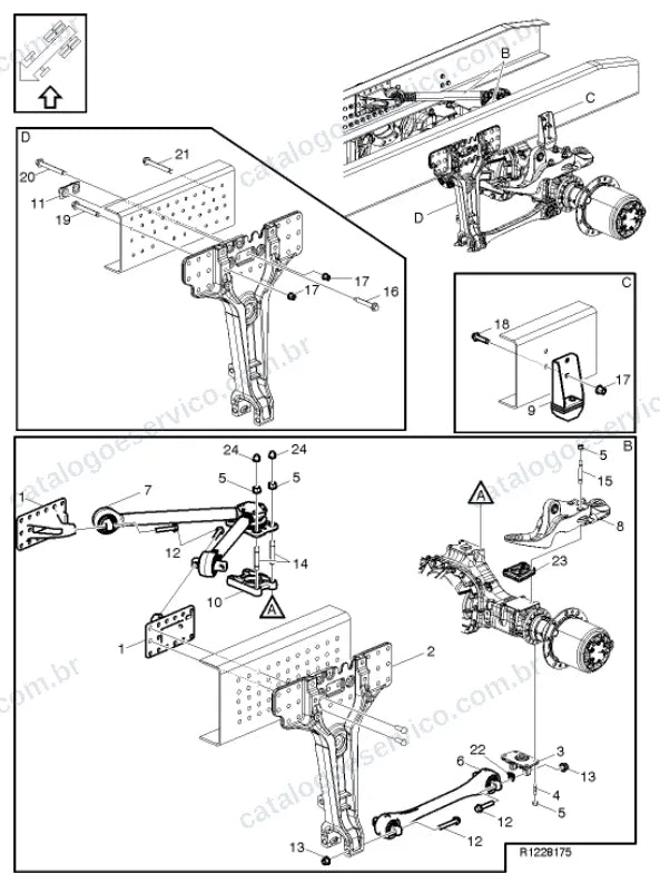 Vista explodida – suspensão das rodas e direção – Catálogo de Peças Volvo FM11A44T (FM4)