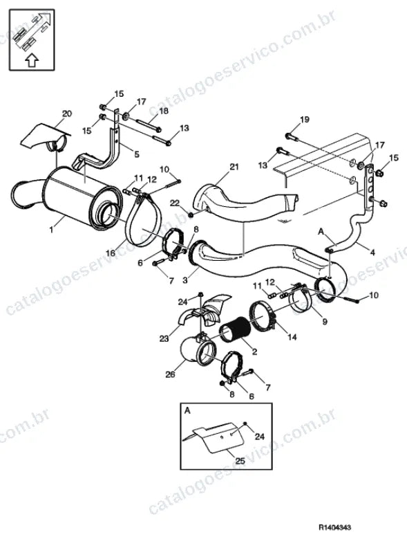 Vista explodida – motor com suporte ou coxim e equipamento – Catálogo de Peças Volvo FM11A62R (FM4)