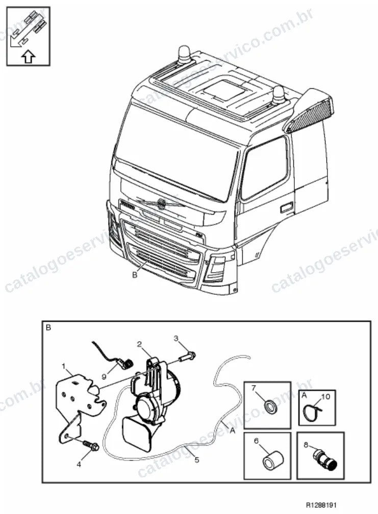 Vista explodida – sistema elétrico, iluminação e instrumentos – Catálogo de Peças Volvo FM11A62R (FM4)