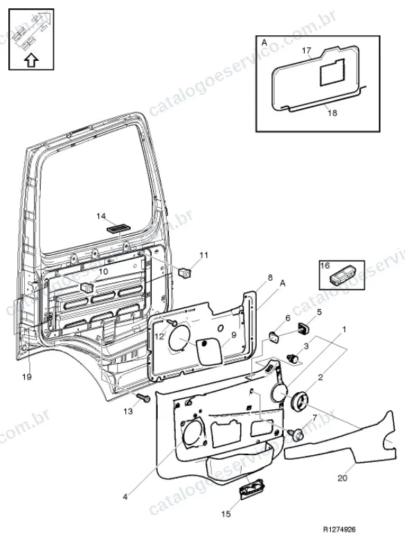 Vista explodida – carroceria, cabina e interior – Catálogo de Peças Volvo FM11A62T (FM4)