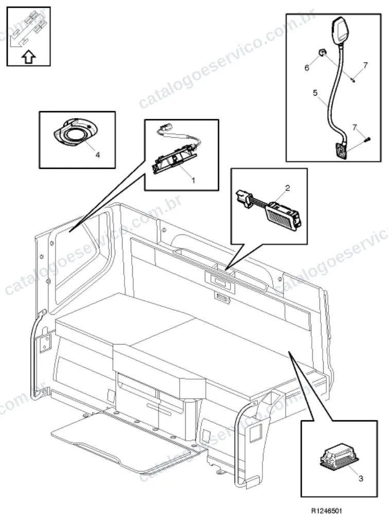 Vista explodida – sistema elétrico, iluminação e instrumentos – Catálogo de Peças Volvo FM11A82R (FM4)