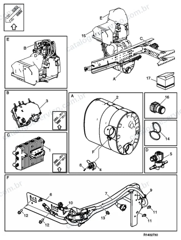 Vista explodida – motor com suporte ou coxim e equipamento – Catálogo de Peças Volvo FM11A84R (FM4)