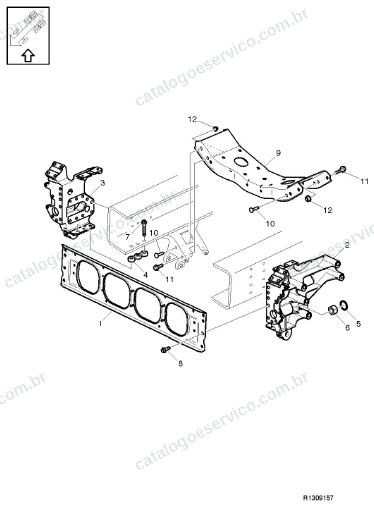 Vista explodida – quadro, molas, amortecedores e rodas – Catálogo de Peças Volvo FM11A84R (FM4)